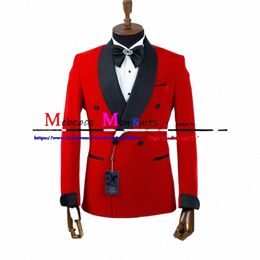 Costumes de mariage rouges sur mesure pour hommes Slim Fit Double boutonnage hommes costume manteau pantalon populaire mariés smoking 2 pièces Traje Novio 70tB #