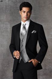 Custom Made Bruidegom Tuxedos GroomsMen Black Vent Slim Pakken Fit Best Man Pak Bruiloft / Herenpakken Bruidegom Groo (jas + Tie + Vest + Pants)