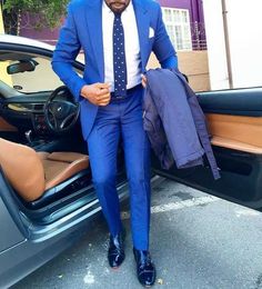 Custom Made Royal Blue 2 Stuks Herenpakken Slim Fit Notch Revers Bruidegom Prom Tuxedos GroomsMen Blazer voor Wedding (Jack + Pant) x0909