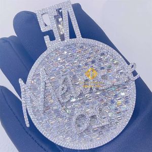 Custom Made Sier GRA -certificaten Iced Out Hendant Hip Hop Baguette Moissanite 3D Big Round Hangketting