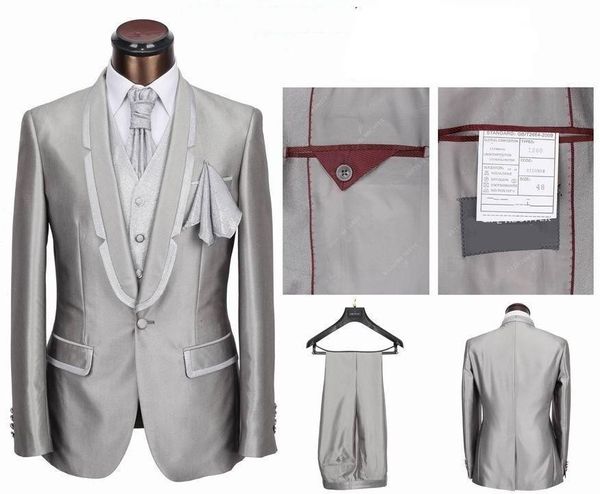Por encargo gris plata novio esmoquin chal solapa hombres boda esmoquin hombres populares cena de negocios Prom Blazer traje (chaqueta + pantalones + corbata + chaleco) 22