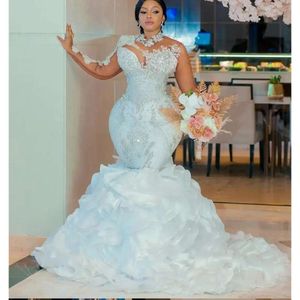 Perles étincelantes sur mesure Crystal Wedding Drs Sirène Rufflu Long Sleev African Bridal Bridal Robe de Mariee 0518