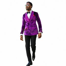 Terno Masculino sur mesure à double boutonnage violet Veet col châle costume pour hommes Slim Fit marié fête smoking élégant homme costumes D15O #