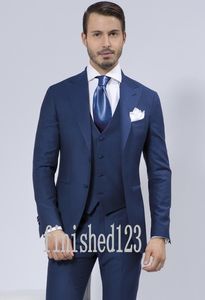 Custom Made Two Button Blue Groom Tuxedos Peak Revroom Groomsmen Best Man Wedding Prom Diner Past (jas + Broek + Vest + Tie) G5151