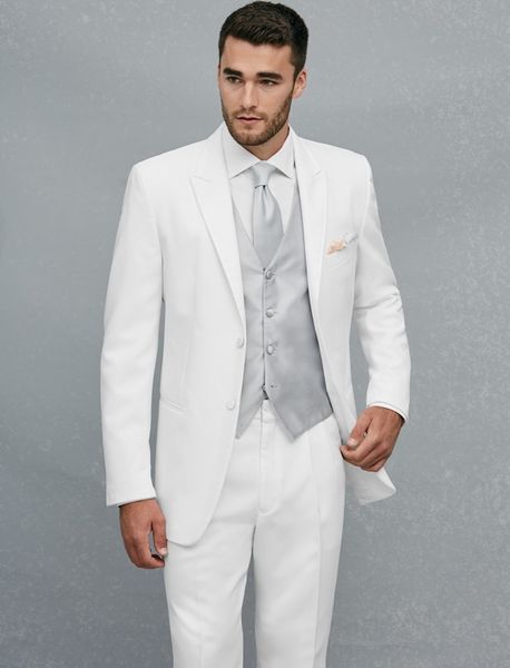 Tuxedos de marié blanc à deux boutons sur mesure, costumes de bal de mariage pour hommes (veste + pantalon + gilet + cravate) H287
