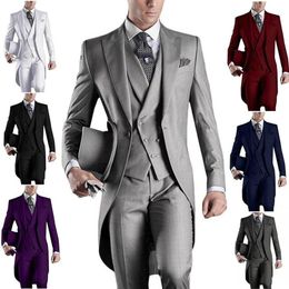 Manteau de queue pour hommes, sur mesure, blanc, noir, gris, bordeaux, costumes de bal pour garçons d'honneur de mariage, veste, pantalon, gilet, 220225302O