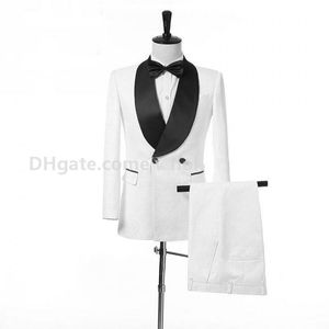 Custom Made White Paisley Sjaal Revers Side Vent Groom Tuxedos Heren Party GroomsMen Suits Mens Business Past (Jacket + Pants + Tie + Gordel) NO: 20