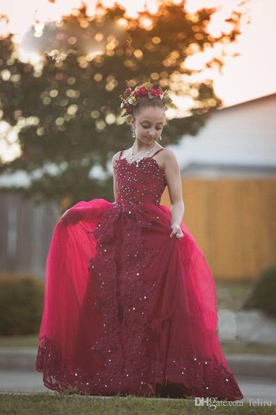 Fait sur mesure Vin rouge Tulle Communion fille de fleur de partie Robes de princesse robe pour Dnace Robes de mariage anniversaire Pageant fille