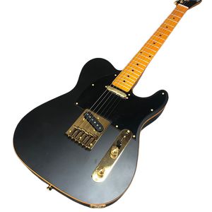 Guitare électrique noire mate personnalisée, reliure jaune, pont trémolo, touche en érable, incrustation de points, matériel doré