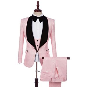 Aangepaste Vlees Roze Mannen Pakken Bruiloft Bruidegom Tuxedos met Zwarte Sjaal Revers Slim Fit Man Prom Wear Blazer 3 Stuks (Jas + Broek + Vest + Vlinderdas)
