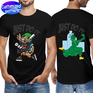 Camiseta de manga corta personalizada para hombre, estampado a doble cara, cuello redondo reforzado, absorción de humedad, transpirable, personalidad cómoda, moda 100% algodón, 157g, negro