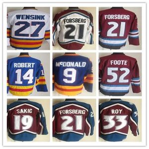 Custom Hommes vintage Colorado Hockey Jerseys 52 Adam Foote 21 Peter Forsberg 9 Paul 19 Joe Sakic 33 Patrick Roy 1 Chico Resch 14 René Robert 9