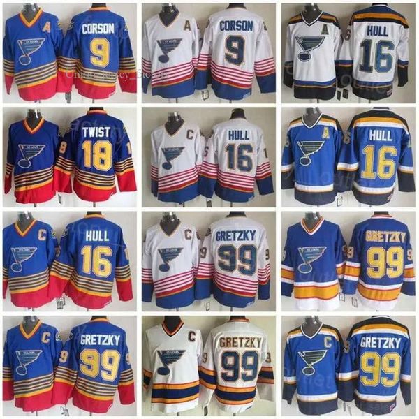 Hombres personalizados Mujeres Jóvenes Niños St. ''blues''18 Tony Twist Jersey 16 Brett Hull 9 Doug Gilmour 99 Wayne Gretzky Vintage Classic Azul Blanco 6823