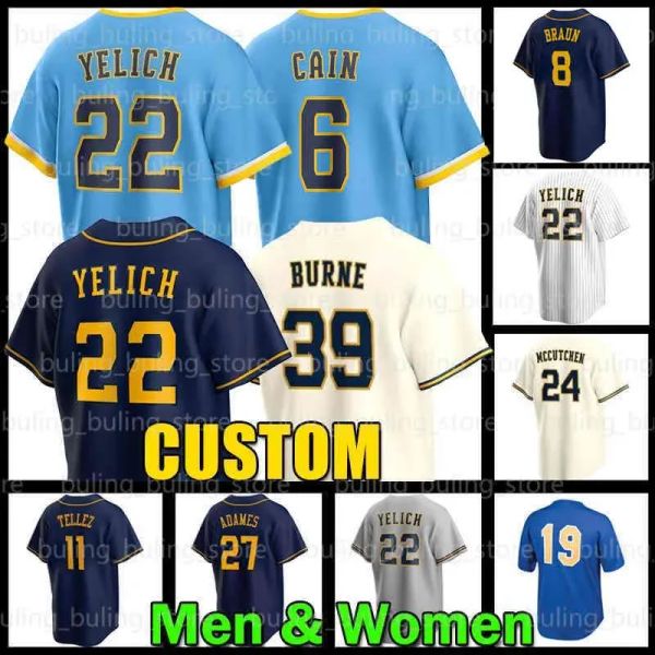 Maillot de baseball personnalisé pour hommes et femmes, Milwaukee''Brewers''22 Christian Yelich, Willy Adames Corbin Burnes Rowdy Tellez Hunter Renfroe 2022 Robin Yount Brew Crew