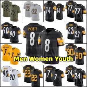 Aangepaste mannen vrouwen jeugd Pittsburgh''steelers''8 Kenny Pickett Jersey 90 TJ Watt voetbal 22 Nee Harris Pat Freiermuth Minkah Fitzpatrick