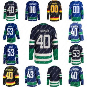 Personnalisé Hommes Femmes Jeunes Vancouver''Canucks''43 Quinn Hughes Jersey 40 Elias Pettersson 53 Bo Horvat 6 Brock Boeser 10 Pavel Bure Navy Hockey Jerseys Noir Bleu Stit