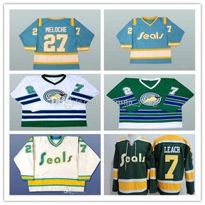 Aangepaste heren 1970s California Golden Seals 27 Gilles Meloche 7 Reggie Leach Vintage Jersey gestikt witblauw groen geel alternatieve maat s