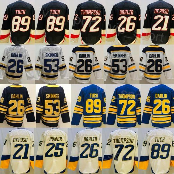 Hockey personnalisé pour hommes 53 Jeff Skinner Jersey inversé rétro 21 Kyle Okposo 25 Owen Power 72 Tage Thompson 89 Alex Tuch 26 Rasmus Dahlin 50e Ann