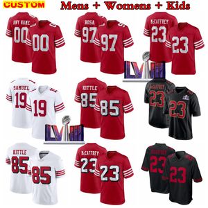 LVIII Hommes Femmes Enfants Brock Purdy Maillots de Football Christian McCaffrey Aiyuk Samuel Warner Kittle Juszczyk Nick Bosa Williams Hufanga Mitchell Faithful Greenlaw