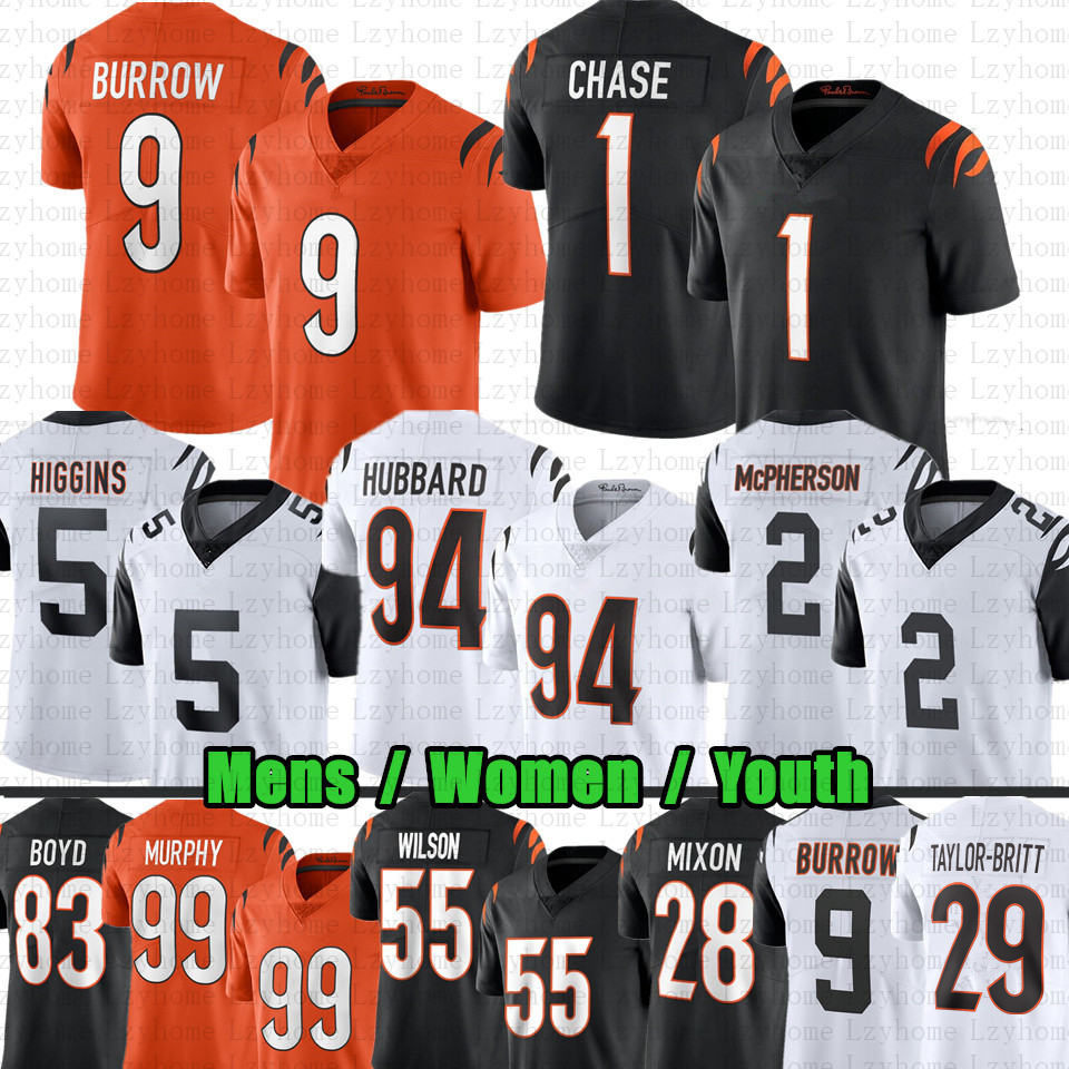 9 Joe Burrow Football Jersey 1 Ja'Marr Chase Tee Higgins Evan McPherson Joe Mixon Sam Hubbard Logan Wilson Trey Hendrickson Murphy Jake Browning Cam Taylor-Britt