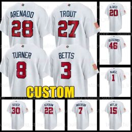 Personalizado para hombre, mujer, niños, equipo de EE. UU. 2023, clásico mundial de béisbol, jerseys del WBC, Mike Trout, Nolan Arenado, Kyle Schwarber, Tim Anderson, Mookie Betts, 8 Trea Turner, Nestor Cort