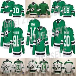 Personalizado para hombre, mujer, juventud Dallas''Stars''Jersey 16 Joe Pavelski 14 Jamie Benn 91 Tyler Seguin 30 Ben Bishop Jerseys de hockey cosidos en blanco y verde