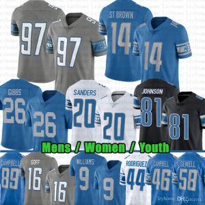 Aangepaste heren vrouwen jeugd''lions''detroit Amon-ra St. Brown Jahmyr Gibbs voetbalshirt Sam Laporta Barry Sanders Jared Goff Jameson Williams