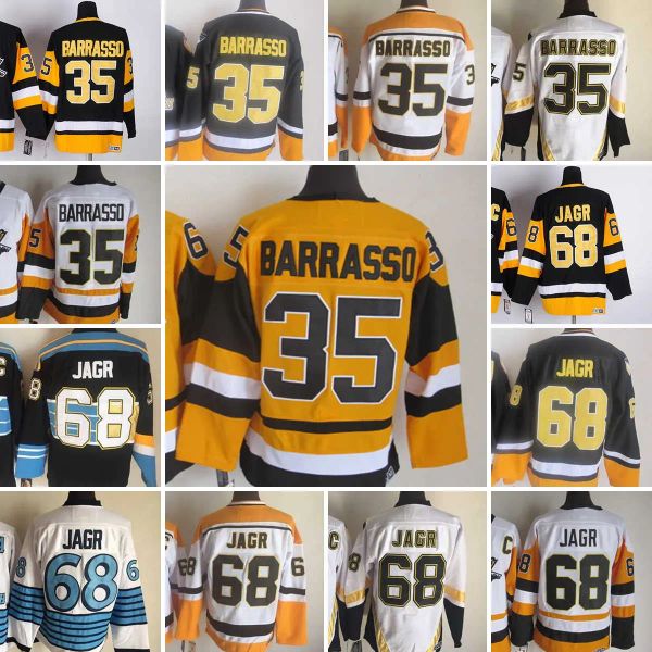 Personnalisé Hommes Femmes Jeunes Pittsburgh''pingouins''1967-1999 Film Rétro CCM Hockey Jersey Broderie 35 Tom Barrasso 68 Jaromir Jagr Blanc Noir Jaune Vintage