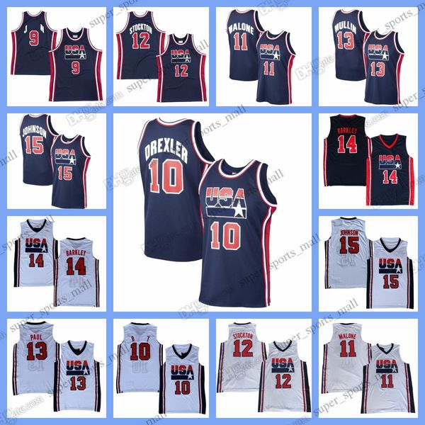 Maillots de basket-ball rétro personnalisés pour hommes XS-6XL 1992 15 Johnson 14 Barkley 7 Bird 10 Drexler 8 Pippen 11 Malone 12 Stockton Jersey cousu n'importe quel nom n'importe quel numéro