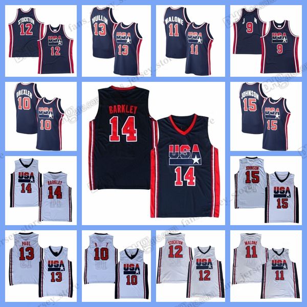 Maillots de basket-ball rétro personnalisés pour hommes XS-6XL 1992 15 Johnson 14 Barkley 10 Drexler 8 Pippen 11 Malone 12 Stockton 13 Mullin 7 Bird cousu n'importe quel nom n'importe quel numéro