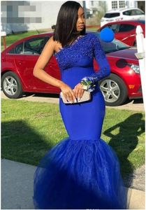 Custom Mermaid Royal Blue One Shoulder Sexy Prom Dresses 2020 African Black Girls lace corpiño Wear Formal Evening Party vestido elegante