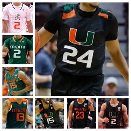 Custom Miami Hurricanes basketbalshirt NCAA gestikte jersey Elk naamnummer Heren Dames Jeugd Geborduurd 15 Norchad Omier 5 Wooga Poplar 24 Nijel Pack 23 AJ Casey