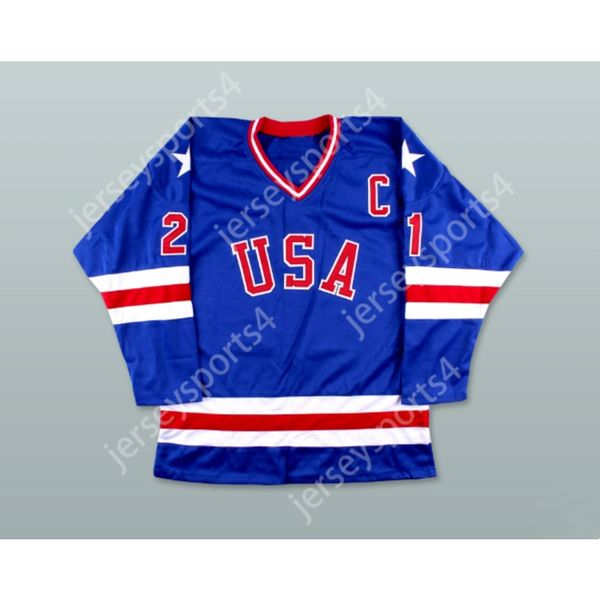 Maillot de hockey personnalisé MIKE ERUZIONE 21 USA bleu, nouveau haut cousu S-M-L-XL-XXL-3XL-4XL-5XL-6XL