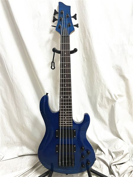 Custom Mini Travel Portable 5 cuerdas bajo eléctrico Blue Flame Maple Top Body Active Pickup Black Hardware