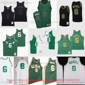 Personalizado Clásico Retro 1962-63 Bill Basketball 6 Russell Jerseys Cosido Blanco Verde Negro Retro Russell Legend Vintage Jersey Tamaño S-6XL Hombre Mujer Falda Juventud Niño