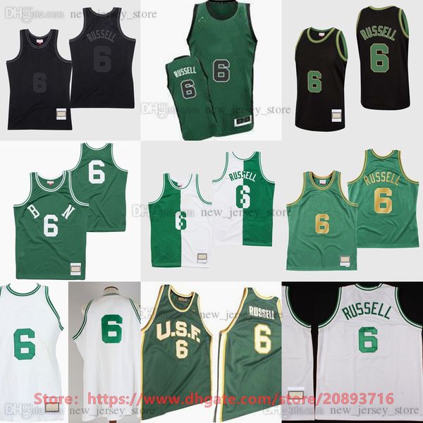 Custom Classic Retro 1962-63 Bill Basketball 6 Russell Jerseys Cousu Blanc Vert Noir Rétro Russell Legend Vintage Jersey Taille S-6XL homme femme jupe jeunesse KID