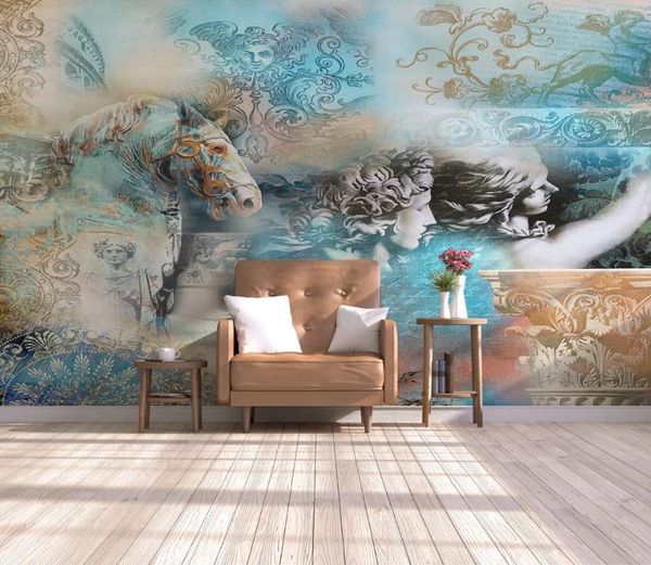 Costumbre moderna y de moda europea pared del dormitorio estilo foto mural de la sala de estar a caballo escultura La televisión de fondo 3D Fondos