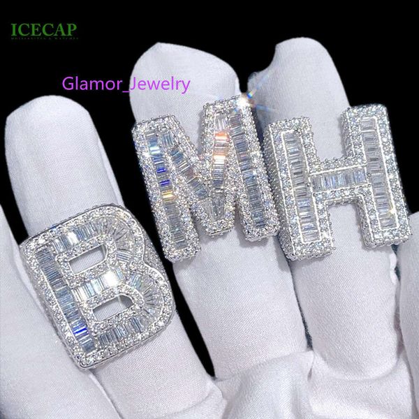 Anillo de moissanite personalizado 925 Silver Men Full Baguette Cut Letter Soltero para joyas de hip hop