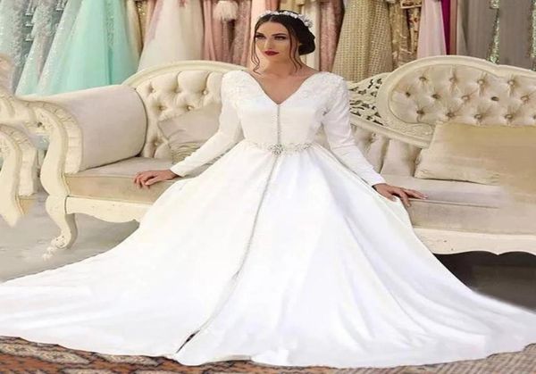 Caftan marocain personnalisé manches longues robes de soirée col en V balayage train Dubaï saoudien arabe satin formel robes de soirée de bal 3705682