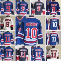 Film personnalisé CCM Vintage Hockey sur glace 9 Adam Graves maillots 10 Ron Duguay 11 Mark Messier hommes maillot de broderie bleu blanc Orange