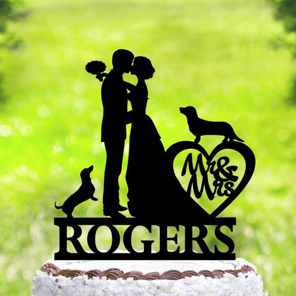 Personnalisé MrMrs Last Name DogsBride And Groom Silhouette Cake Topper Pour Mariage Avec Animaux 220618