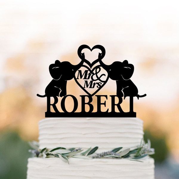 Personalizado MrMrs apellido boda bebé elefantes silueta pastel Topper con corazón decoración divertida madera acrílica 220618