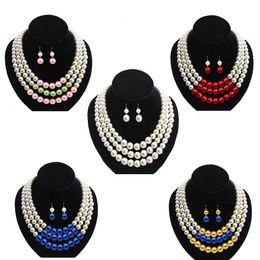 Collier de perles multicouches personnalisé pour femmes, ensemble de bijoux, boucles d'oreilles, trois brins, rose, vert, 240202