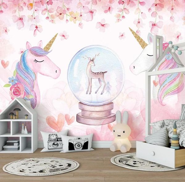 Peinture murale personnalisée 3D rose peinte à la main, fleur, cerf, cheval, Art mural, chambre à coucher, fond de chambre d'enfants, papier peint Po Kids2218282