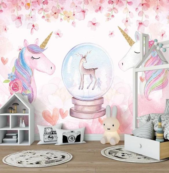 Murale personnalisée 3d Pink peint à main fleur cerf art cheval mur peinture chambre enfant chambre fond po wallpaper kids6593093