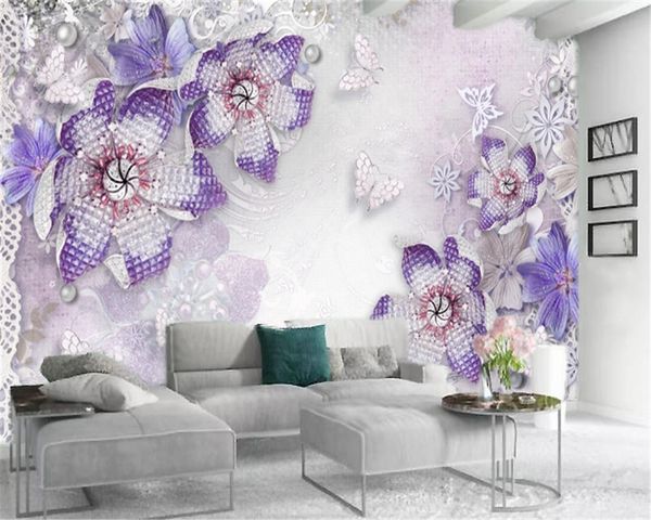 Personnalisé Mural 3d Papier Peint Diamant Perle Papillon Violet Fleurs Décor À La Maison Salon Chambre Revêtement Mural HD Fond D'écran