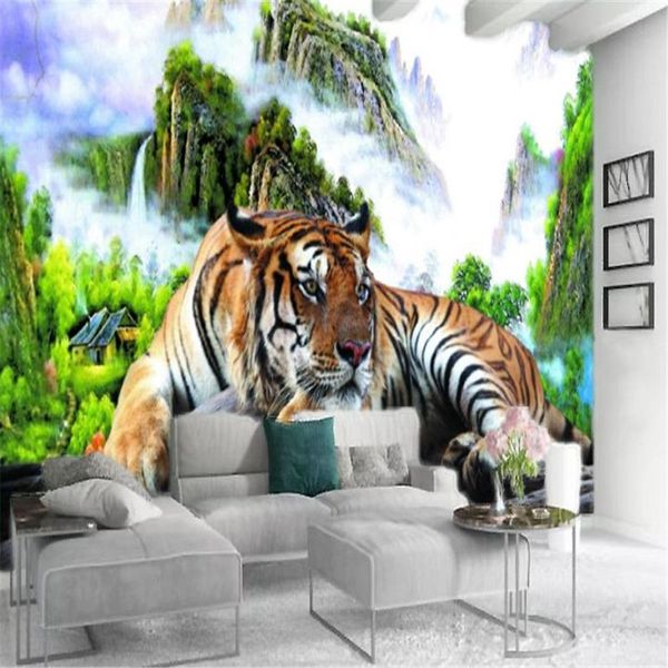 Papel tapiz 3d personalizado, Mural de paisaje de tigre lindo y furioso, papel tapiz decorativo HD hermoso 255O
