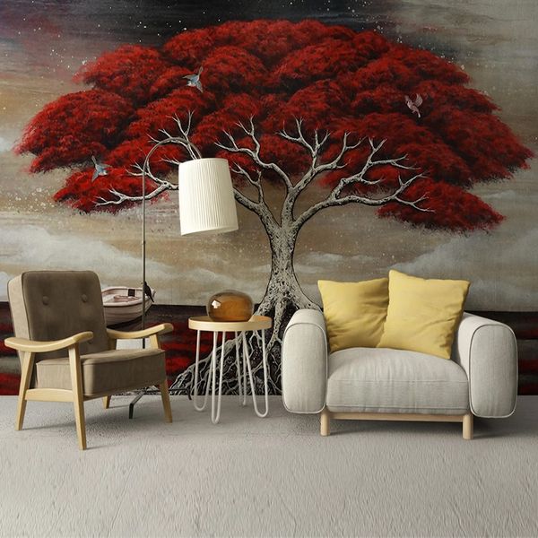 Personnalisé Mural Creative 3D Stéréoscopique Peint À La Main Peinture À L'huile Rouge Grand Arbre Salon Décoration Papier Peint Pour Les Murs De La Chambre