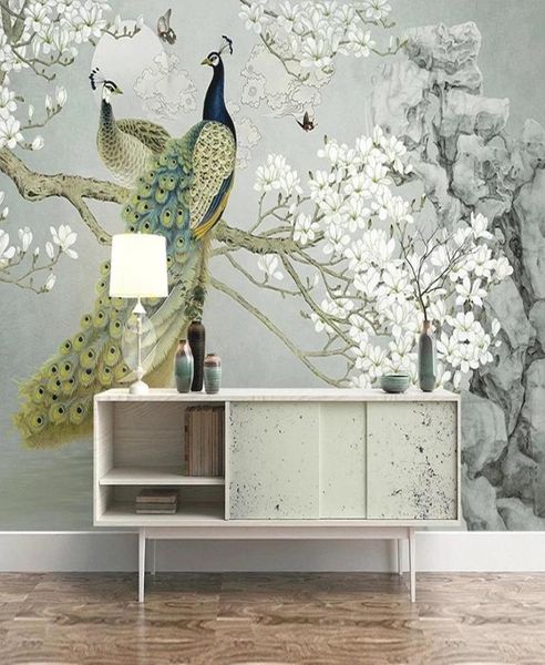 Murale personnalisée auto-adhésif papier peint 3d paon magnolia fleurs peinture étude de salon