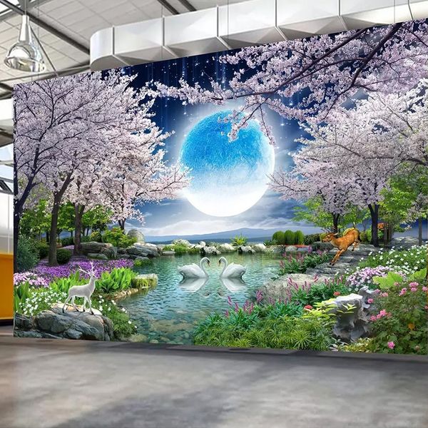 Papier peint personnalisé Lune Fleur de cerisier Arbre Nature Paysage Peinture Salon Chambre Photo Wallpaper Home Decor